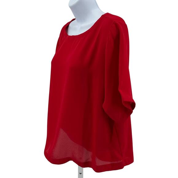 Bobeau Top WMNS S Oversized Boxy Chiffon Red Pullover Round Neck Short Sleeves - Picture 3 of 7